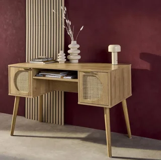 Escritorio 2 Puertas Mimbre Madera Natural Eucalipto - Colección Eva