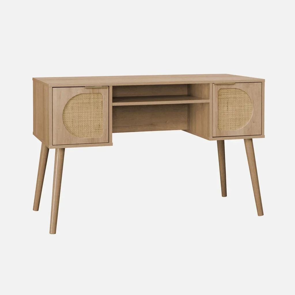 Escritorio 2 Puertas Mimbre Madera Natural Eucalipto - Colección Eva