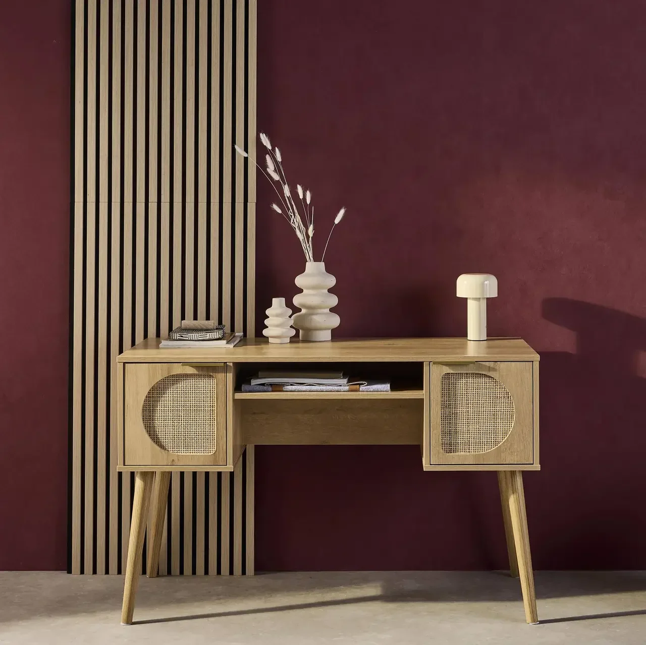 Bureau 2 portes cannage bois naturel eucalyptus - Collection Eva