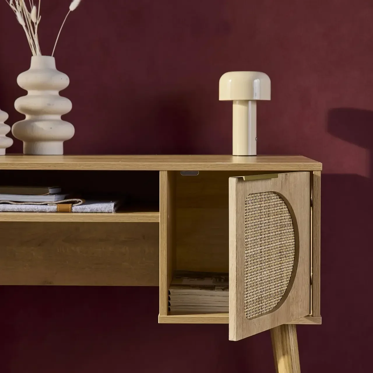 Escritorio 2 Puertas Mimbre Madera Natural Eucalipto - Colección Eva