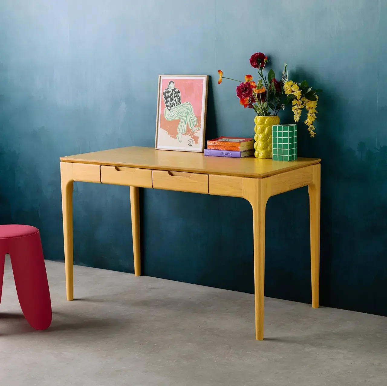 Bureau 2 tiroirs hévéa massif façade frêne style scandinave chaleureux