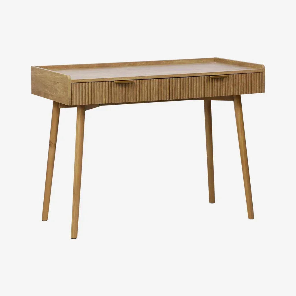 Bureau manguier sculpté 2 tiroirs poignées dorées style contemporain Celian