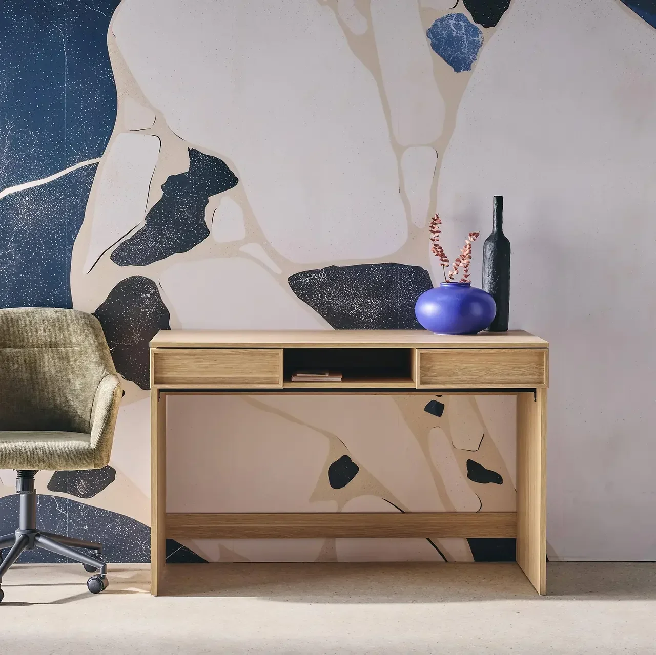 Bureau design bois 120 cm Kuba avec 2 tiroirs et niche rangement