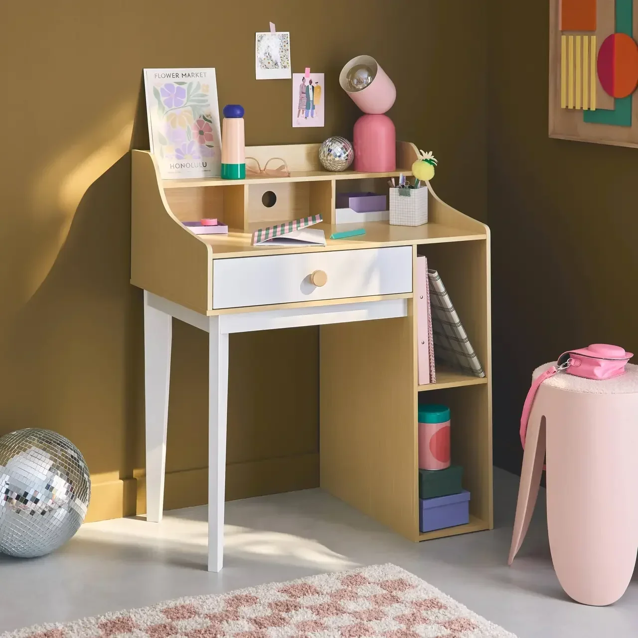 Bureau enfant bois naturel avec tiroir et étagères Collection Edgar
