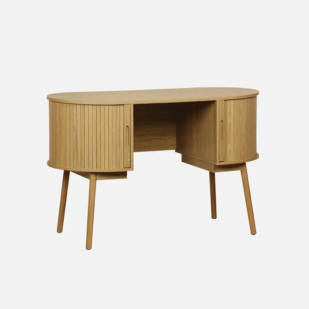 Bureau ovale bois rainuré 120 cm double rangement style scandinave vintage