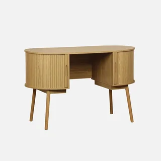 Bureau ovale bois rainuré 120 cm double rangement style scandinave vintage