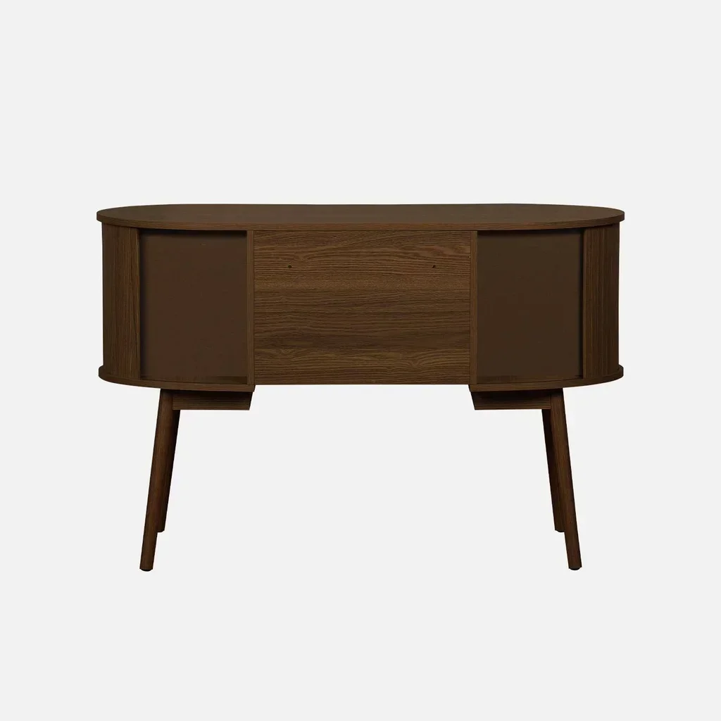 Bureau ovale bois rainuré 120 cm style scandinave rangement coulissant