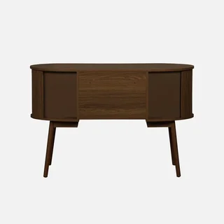 Bureau ovale bois rainuré 120 cm style scandinave rangement coulissant