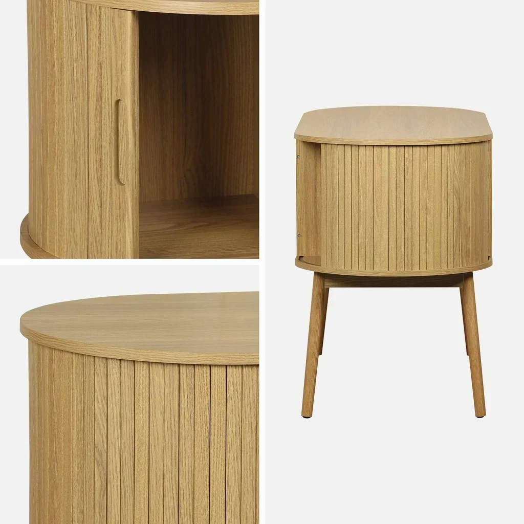 Bureau ovale bois rainuré 120 cm double rangement style scandinave vintage
