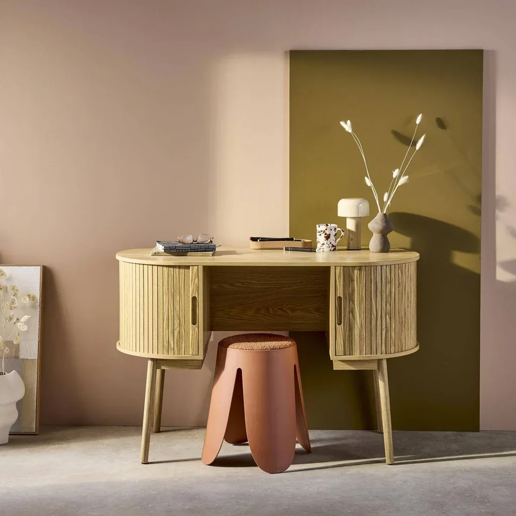 Bureau ovale bois rainuré 120 cm double rangement style scandinave vintage