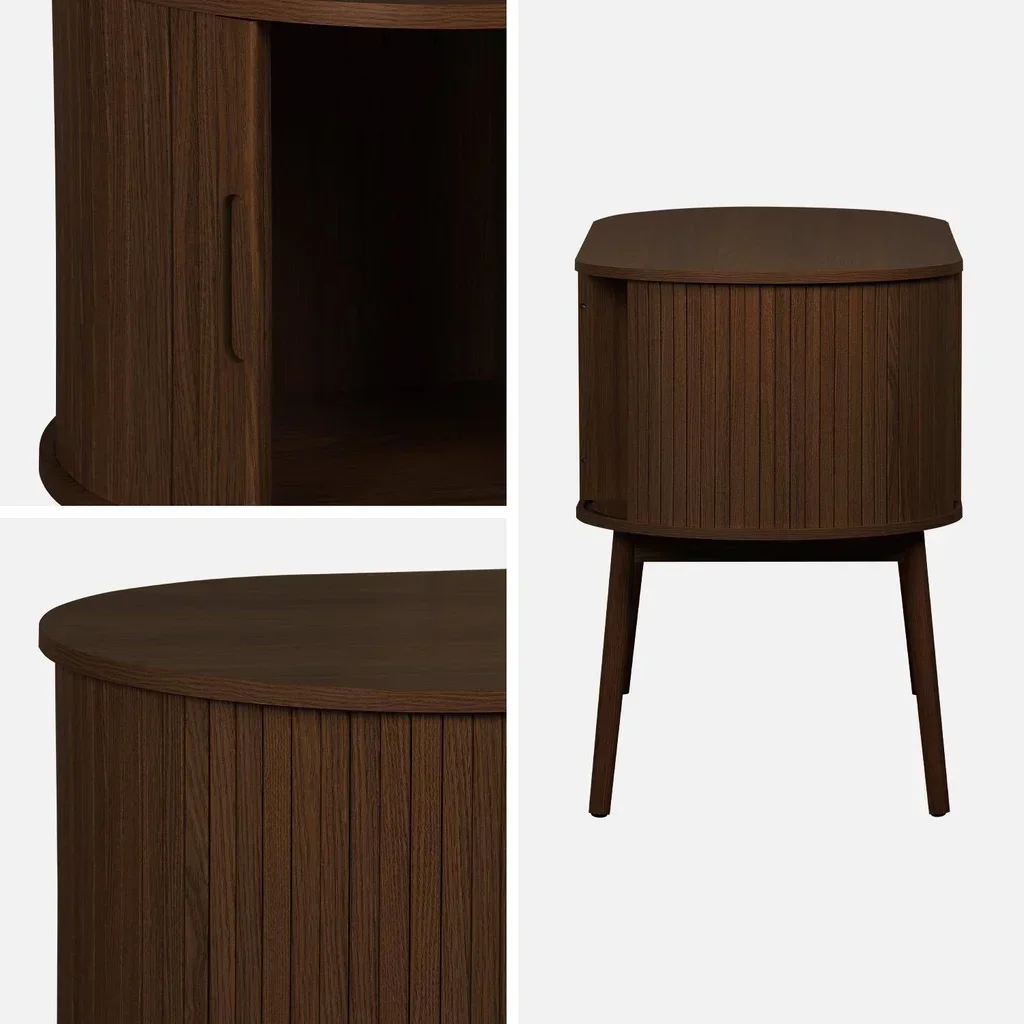 Bureau ovale bois rainuré 120 cm style scandinave rangement coulissant