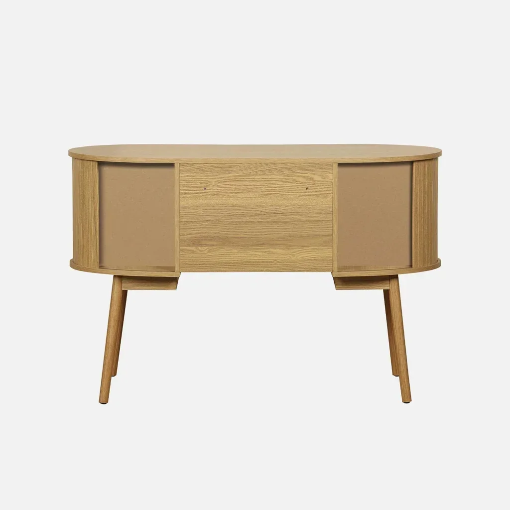 Bureau ovale bois rainuré 120 cm double rangement style scandinave vintage