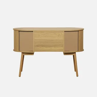 Bureau ovale bois rainuré 120 cm double rangement style scandinave vintage