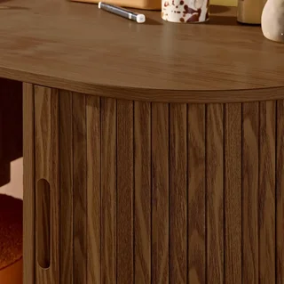 Bureau ovale bois rainuré 120 cm style scandinave rangement coulissant