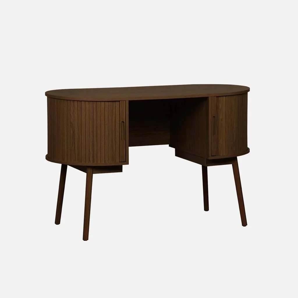 Bureau ovale bois rainuré 120 cm style scandinave rangement coulissant