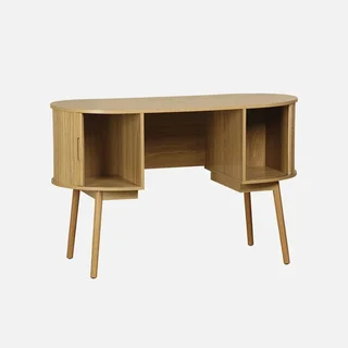 Bureau ovale bois rainuré 120 cm double rangement style scandinave vintage