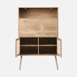Bureau secrétaire vintage bois cannage double porte avec étagères