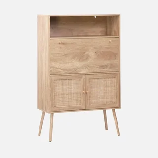Bureau secrétaire vintage bois cannage double porte avec étagères