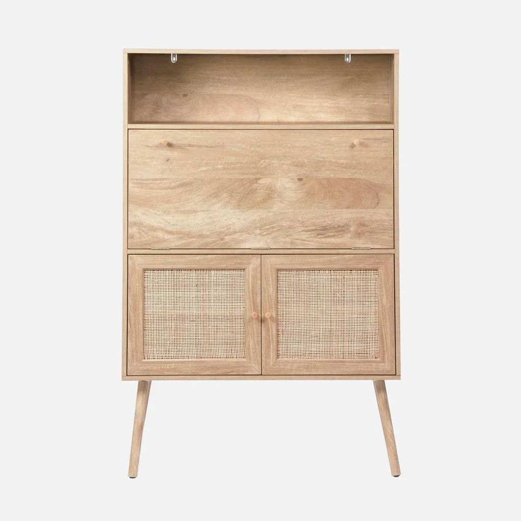 Bureau secrétaire vintage bois cannage double porte avec étagères