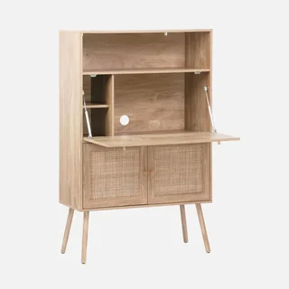 Bureau secrétaire vintage bois cannage double porte avec étagères