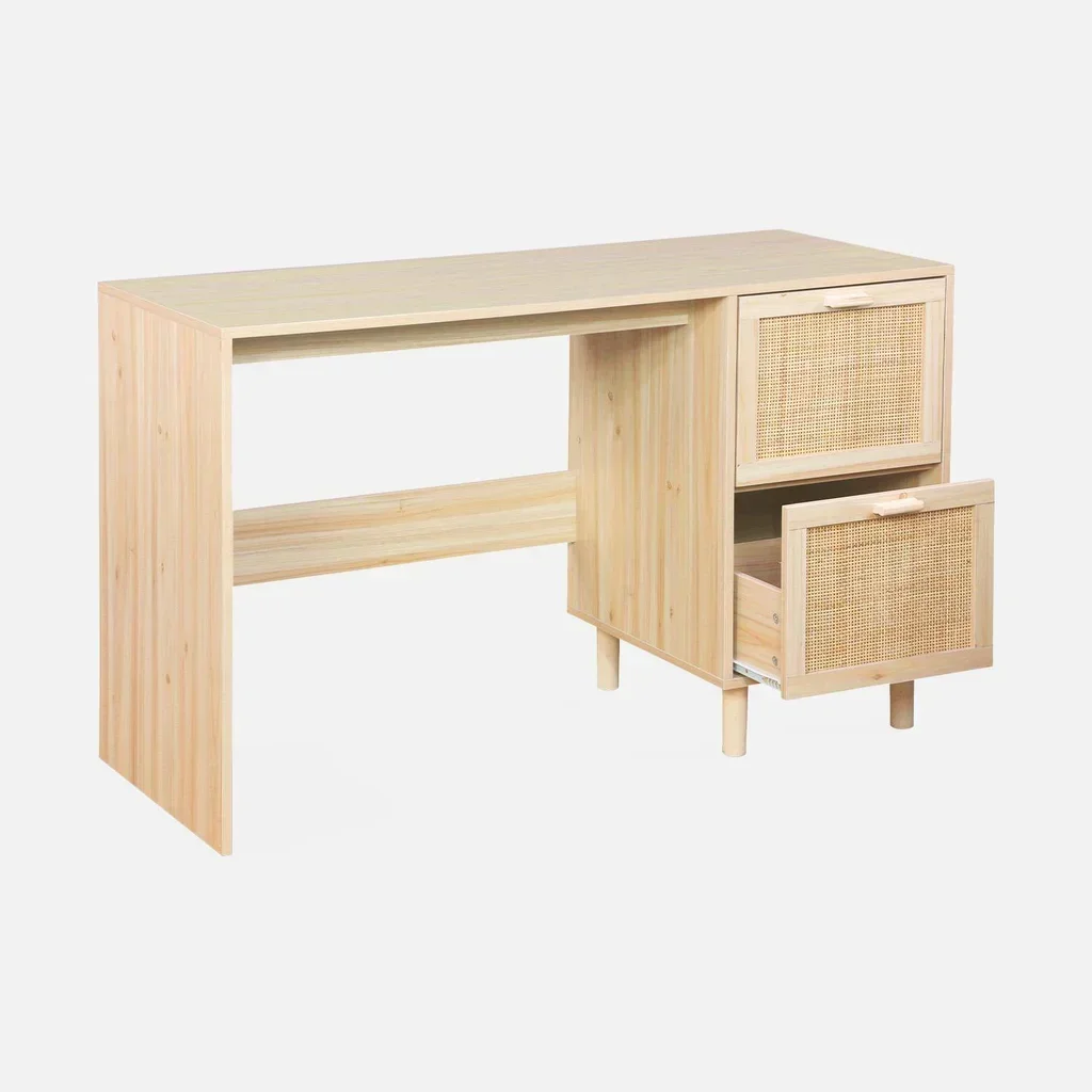 Bureau vintage cannage bois naturel 2 tiroirs Camargue