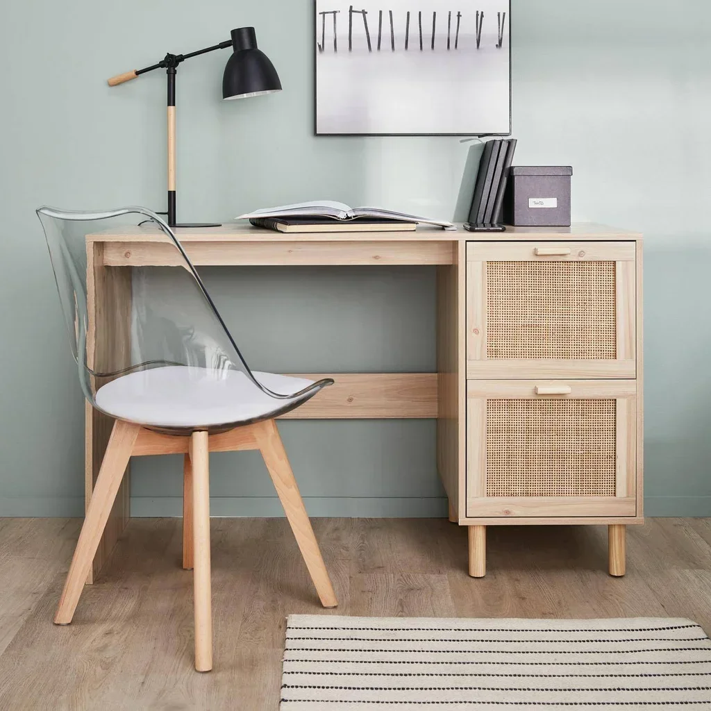 Bureau vintage cannage bois naturel 2 tiroirs Camargue
