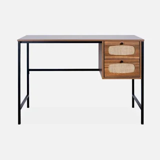 Bureau vintage cannage bois naturel 2 tiroirs style rétro élégant