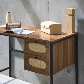 Bureau vintage cannage bois naturel 2 tiroirs style rétro élégant