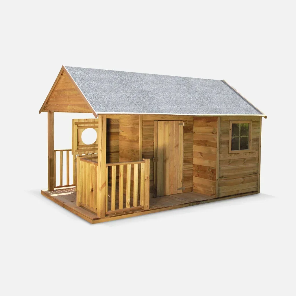 Cabane jardin enfant bois pin 4,5 m² avec véranda et fenêtres plexiglas