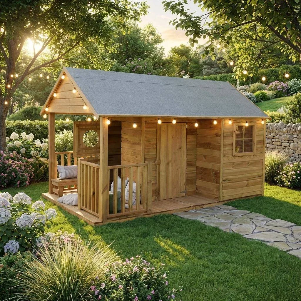Cabane jardin enfant bois pin 4,5 m² avec véranda et fenêtres plexiglas