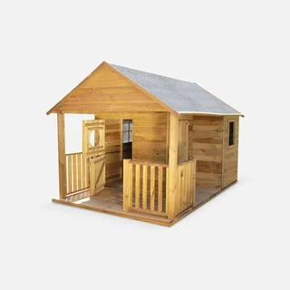 Cabane jardin enfant bois pin 4,5 m² avec véranda et fenêtres plexiglas