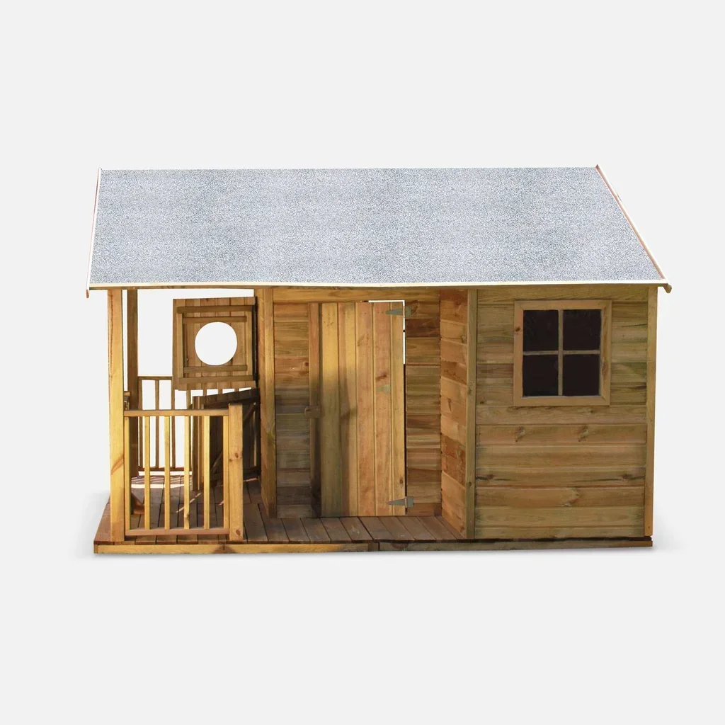 Cabane jardin enfant bois pin 4,5 m² avec véranda et fenêtres plexiglas