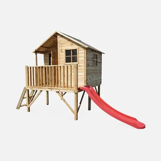 Cabane sur pilotis bois pin 3,8m² enfant avec toboggan et terrasse
