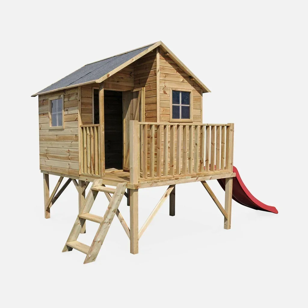 Cabane sur pilotis bois pin 3,8m² enfant avec toboggan et terrasse