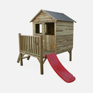 Cabane surélevée en pin pour enfants avec toboggan et escalier - 2m² sur pilotis