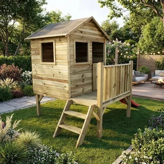 Cabane surélevée en pin pour enfants avec toboggan et escalier - 2m² sur pilotis