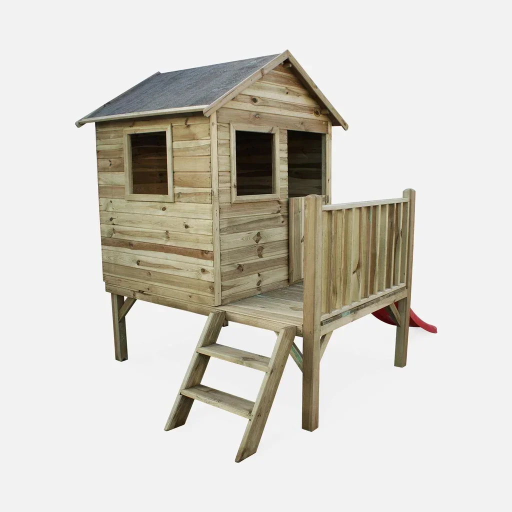 Cabane surélevée en pin pour enfants avec toboggan et escalier - 2m² sur pilotis