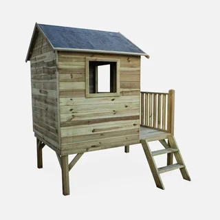 Cabane surélevée en pin pour enfants avec toboggan et escalier - 2m² sur pilotis
