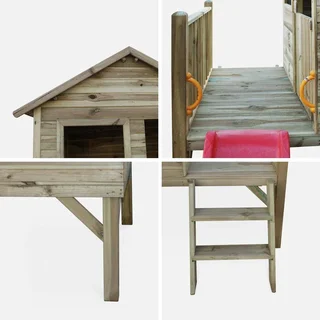 Cabane surélevée en pin pour enfants avec toboggan et escalier - 2m² sur pilotis