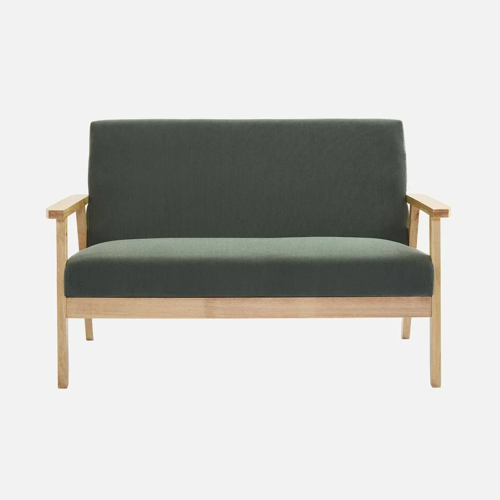 2-Sitzer Sofa Bank Massivholz Hevea dunkeloliv gerippter Samt skandinavischer Vintage-Stil