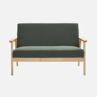 2-Sitzer Sofa Bank Massivholz Hevea dunkeloliv gerippter Samt skandinavischer Vintage-Stil