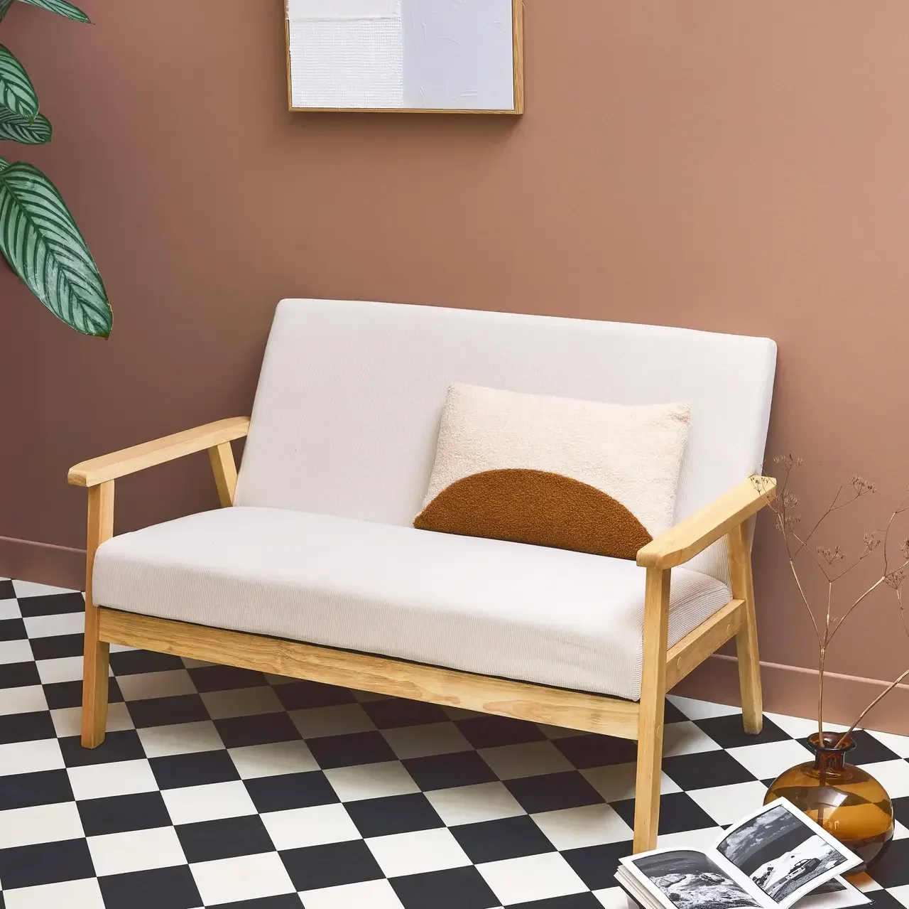 2-Sitzer Skandinavisches Cord-Samt Sofa Khaki Hevea Holzfüße Isak