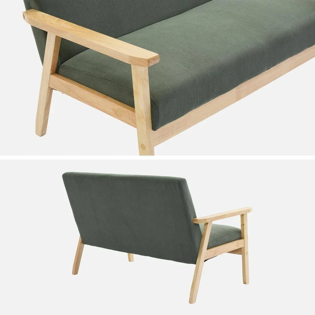 2-Sitzer Sofa Bank Massivholz Hevea dunkeloliv gerippter Samt skandinavischer Vintage-Stil