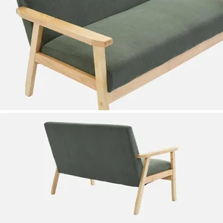 2-Sitzer Sofa Bank Massivholz Hevea dunkeloliv gerippter Samt skandinavischer Vintage-Stil