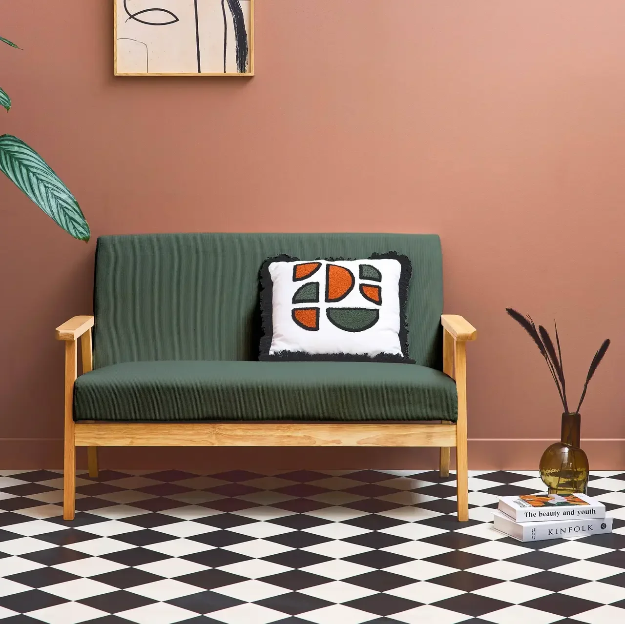 Canapé 2 places banquette hévéa velours côtelé kaki foncé style scandinave vintage
