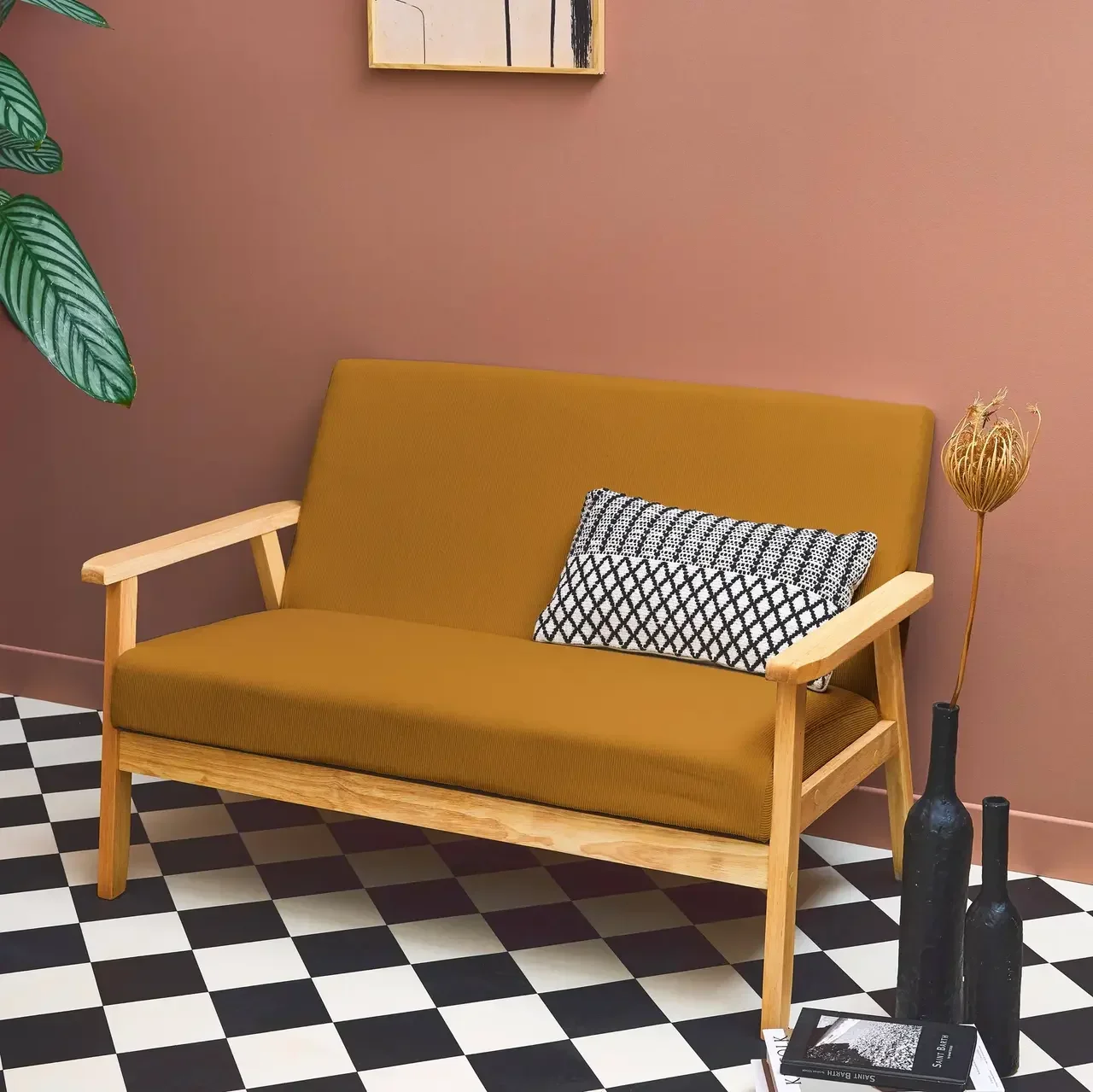 2-Sitzer Isak Sofa Khaki Kordsamt Kautschukholz Skandinavischer Vintage-Stil