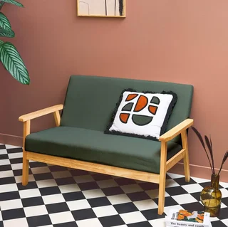 2-Sitzer Sofa Bank Massivholz Hevea dunkeloliv gerippter Samt skandinavischer Vintage-Stil