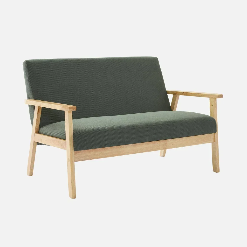 2-Sitzer Sofa Bank Massivholz Hevea dunkeloliv gerippter Samt skandinavischer Vintage-Stil