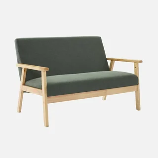 2-Sitzer Sofa Bank Massivholz Hevea dunkeloliv gerippter Samt skandinavischer Vintage-Stil