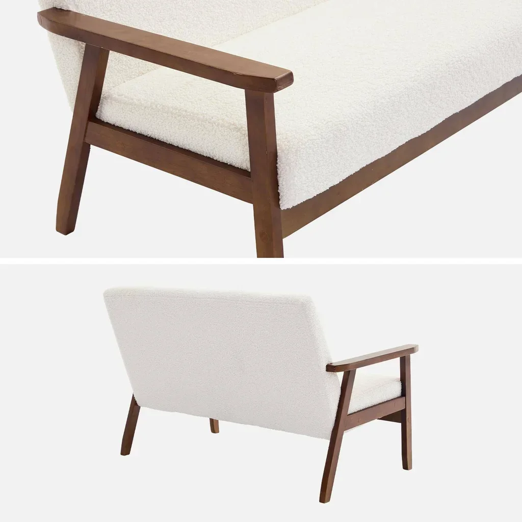 Canapé 2 places Isak bois hévéa tissu bouclette style scandinave vintage